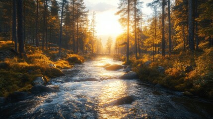Fototapeta premium Serene sunset over a tranquil river flowing through a lush forest, capturing nature's beauty