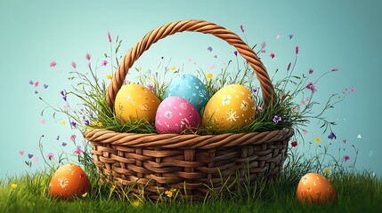 Easter Eggs In basket On Grass 