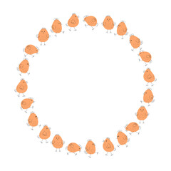 Cartoon chickens. Round frame, border, funny colorful background. Easter design. Animals, doodle style drawings. Poultry.