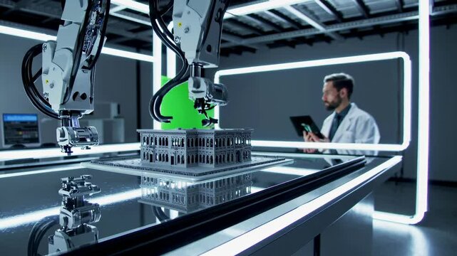 Robotic arms fabricate architectural model in modern laboratory setting with researcher observing