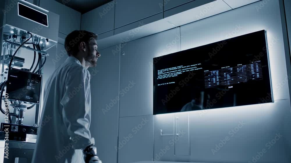 Poster scientist conducts advanced research in high-tech laboratory utilizing robotic technology for data a