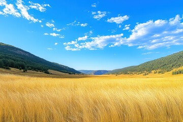 Obraz premium A tranquil valley with golden summer grasses swaying under a vast, cloudless blue sky