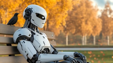 Robot Sitting on a Bench in a Park with a Bird on Its Shoulder