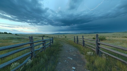 Fototapeta premium Serene countryside path leading through wooden fences under a dramatic stormy sky at dusk