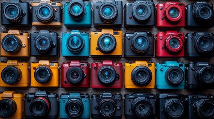 Colorful Retro Cameras Displayed in Rows