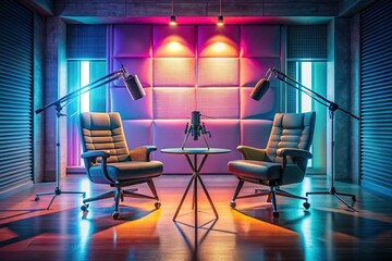 Stylish Empty Podcast Studio: Two Chairs, Pro Audio & Lighting