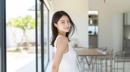 Elegant pose of an Asian woman in a bright, glass-walled interior