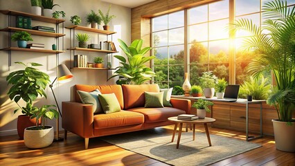 Fototapeta premium Sunlit Modern Living Room Home Office Corner with Stylish Couch & Plants