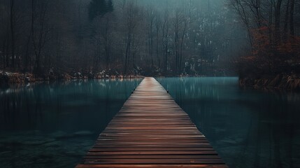 Misty lake path, autumn forest, serene landscape, nature photography