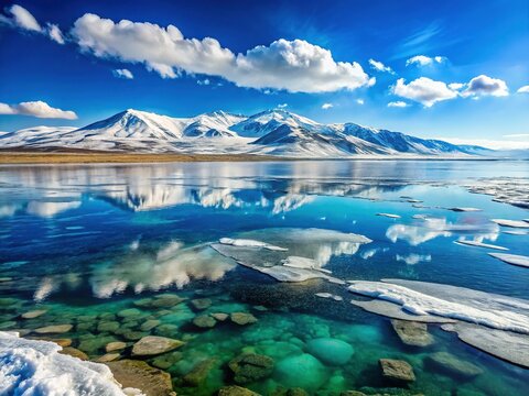 Sunny April Afternoon at Lake Sevan: Partially Frozen Alpine Lake with Crisp, Clear Water and Stunning Mountain Views