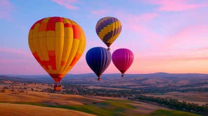 Obraz premium Colorful hot air balloons soaring in a vibrant sunset sky