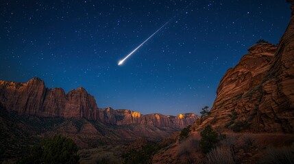Spectacular meteor shower over Zion National Park at twilight, illuminating majestic rock formations