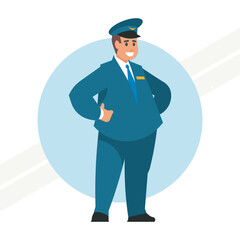 Pilot wearing blue uniform standing in front airplane