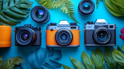 Vintage Cameras on Tropical Leaf Background