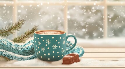 Cozy Winter Scene with Hot Chocolate, Snowflakes, Pine Branches, and Warm Knit Scarf on a Wooden Table