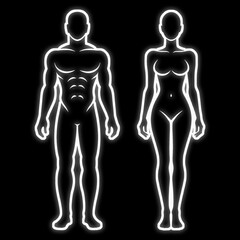 白く発光する成人の健康な体型の男性と女性の線画シルエットイラスト　黒背景の切り抜き
