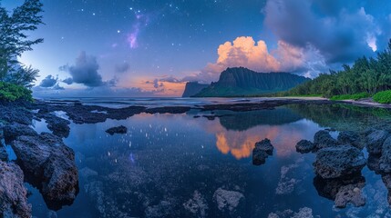 Serene coastal landscape at dusk with starry sky reflecting on calm waters and rocky shoreline