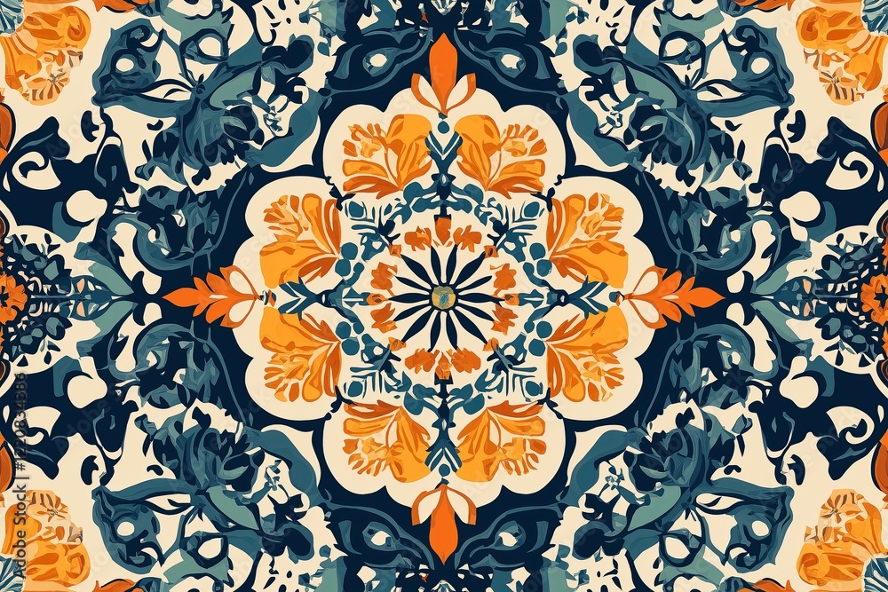 Poster a moroccan-inspired tile pattern with intricate detailing and bold colors