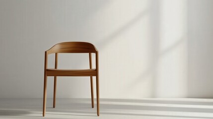 Fototapeta premium Minimalist wooden chair in bright airy room with soft shadows and natural light on neutral wall background