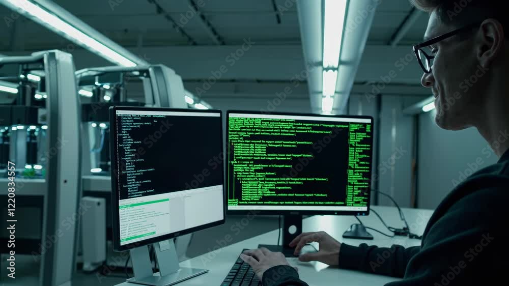 Poster exploring advanced technology in a robotics lab focusing on programming and automation