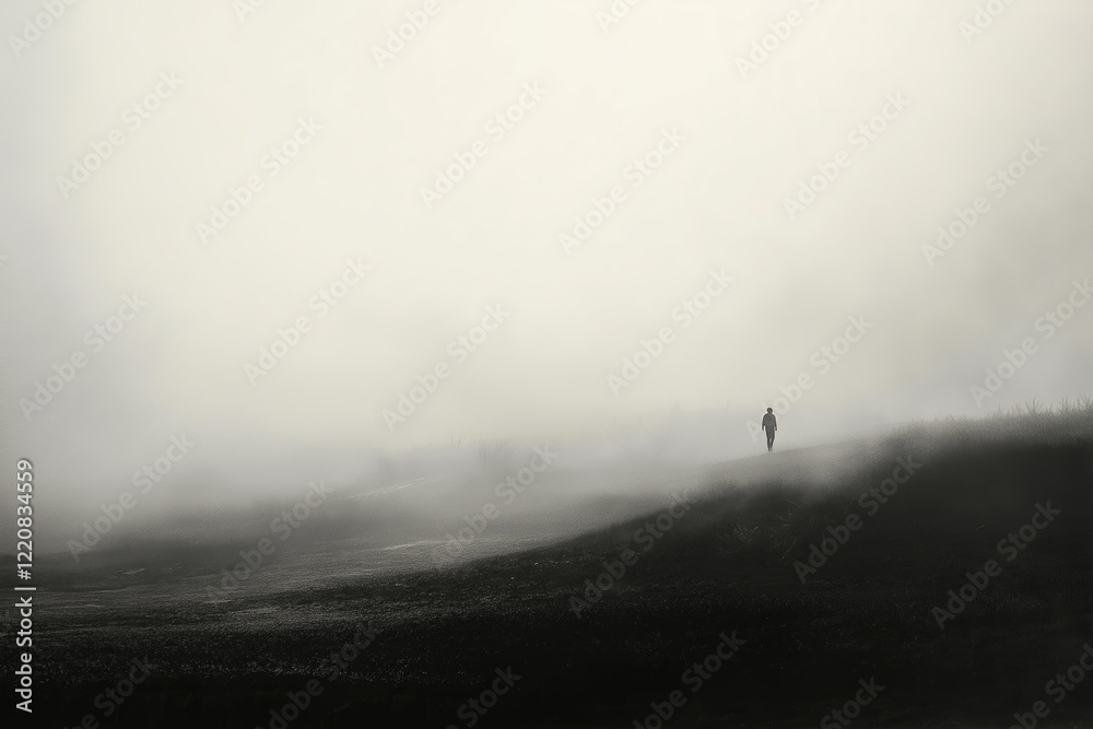 Poster a monochromatic desert scene with a tiny figure in the distance