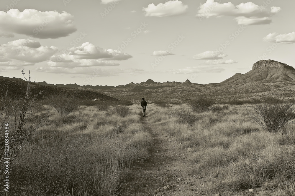 Poster a monochromatic desert scene with a tiny figure in the distance