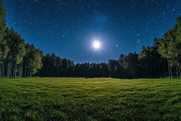 Serene night scene with a bright moon illuminating a grassy meadow surrounded by tall trees
