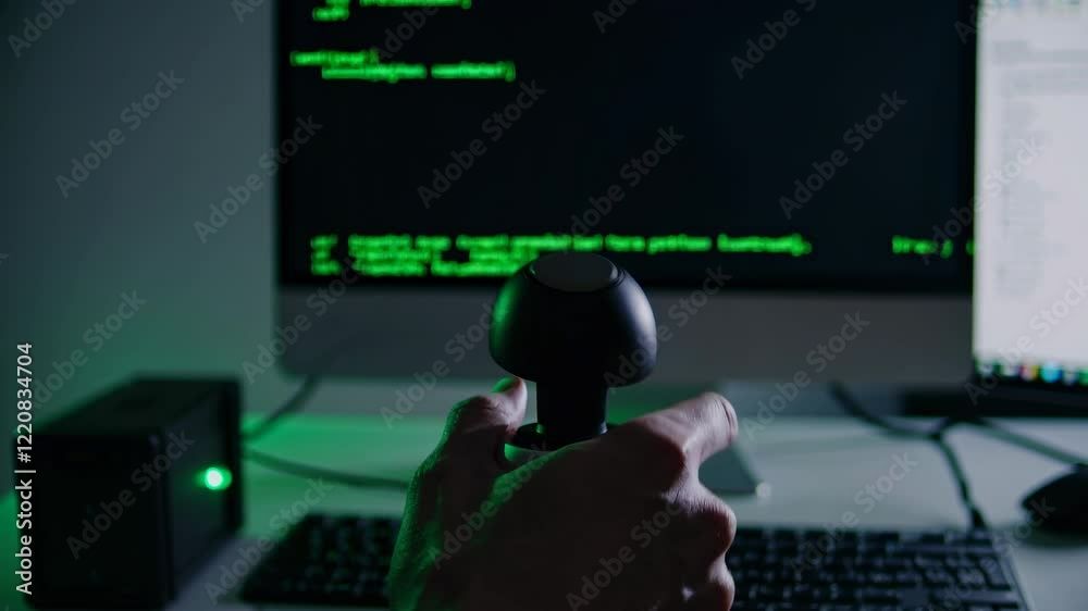 Poster engaging activities with a joystick and computer programming at night in a tech environment