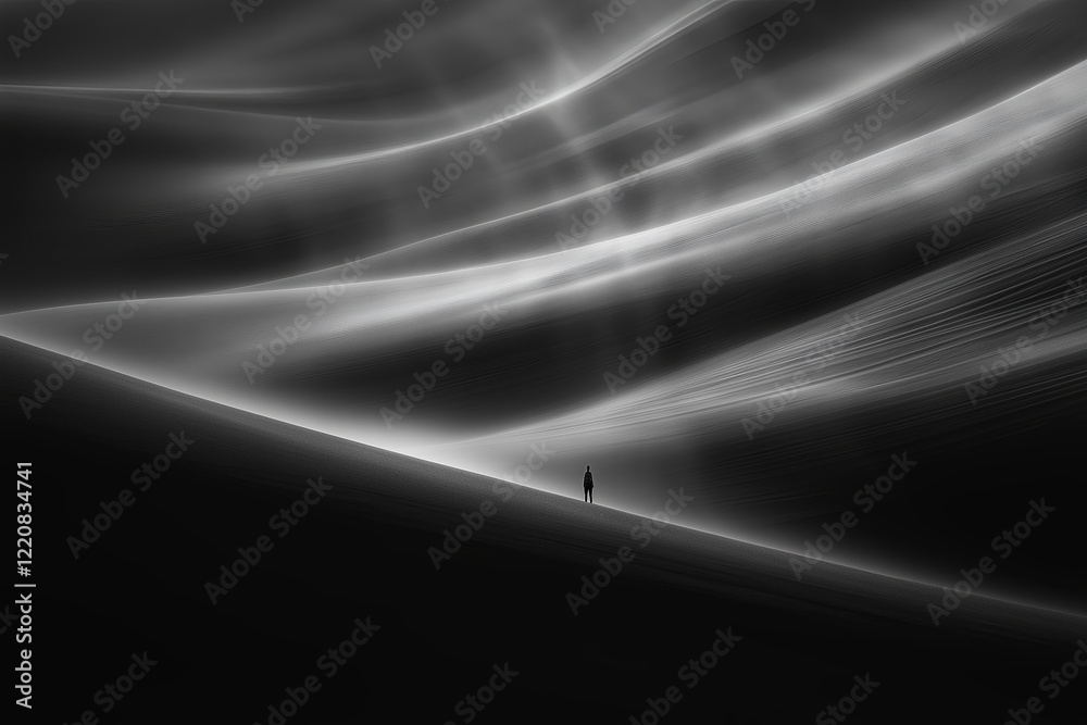 Poster a monochromatic desert scene with a tiny figure in the distance