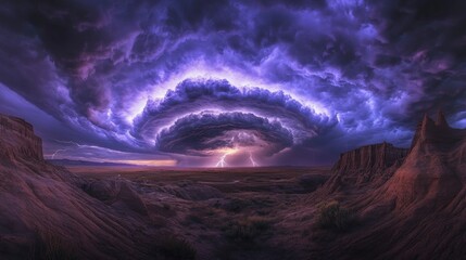 Dramatic Thunderstorm Over Rugged Desert Landscape with Lightning Strikes and Dark Clouds