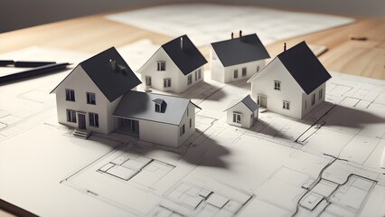 Architectural model homes on a blueprint, showcasing real estate development or home construction planning.