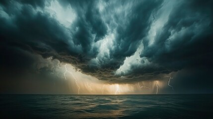 Dramatic thunderstorm over a calm ocean, showcasing lightning and dark clouds, creating a moody atmosphere