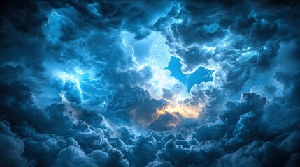 Dramatic storm clouds illuminated by lightning and sunlight breaking through in a vibrant sky