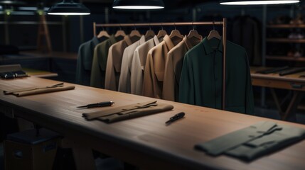 Clothing display in a stylish boutique with workspace elements.