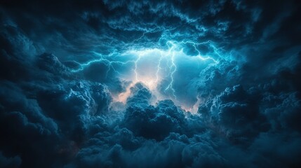 Dramatic thunderstorm clouds illuminated by lightning, creating a captivating natural spectacle