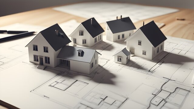 Architectural model homes on a blueprint, showcasing real estate development or home construction planning.