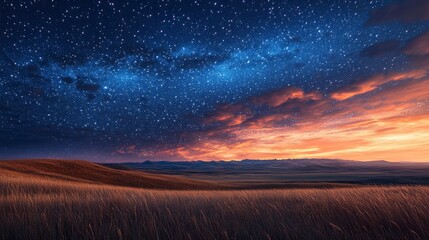 Majestic twilight landscape with stars and vibrant clouds over rolling hills in a serene setting