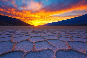 Stunning sunset over a salt flat with hexagonal patterns, showcasing vibrant colors in the sky