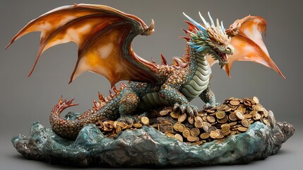 Obraz premium A fearsome glass dragon with a treasure hoard of gold and artifacts, perched on a resin mountain cave base