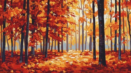 Vibrant autumn forest scene with golden leaves, sunlight streaming through trees, serene atmosphere