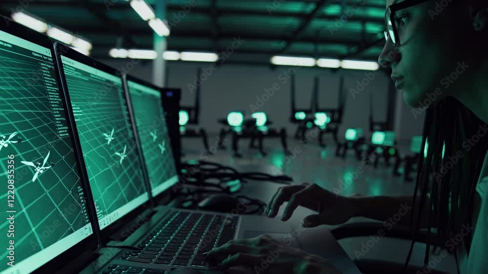 Leinwandbilder expert works on drone simulation software in a modern tech lab during nighttime