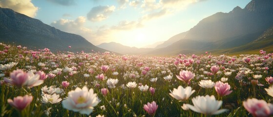 Serene landscape of blooming flowers in a vibrant meadow during sunset with mountains in the background