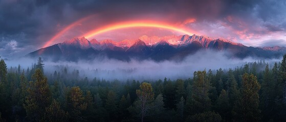 Majestic sunrise over misty mountains with a vibrant rainbow arching across the sky, serene forest below