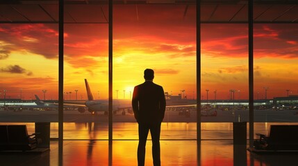 Fototapeta premium silhouette of man standing in airport terminal watching sunset over runway. travel inspiration and business journey concept. perfect for travel agency promotion or corporate brochure cover.