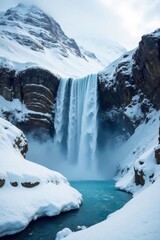 Frozen waterfalls in a snowy mountain landscape, snowfall, snow, rugged