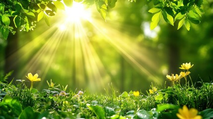 Sunlight filtering through lush green leaves in a vibrant forest, illuminating blooming flowers below