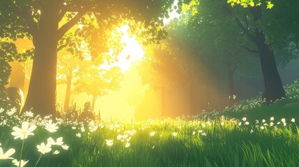 Serene sunlit forest scene with vibrant flowers, golden rays filtering through trees, peaceful ambiance