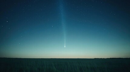 A stunning comet streaks across a starry night sky over a serene, open field landscape