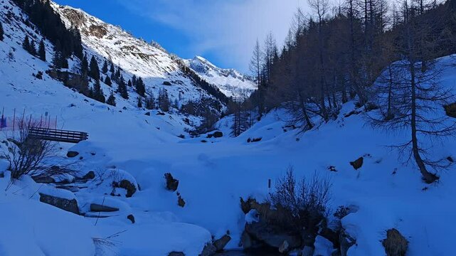 View of high alps in Casere covered by snow, Valle Aurina, Italy