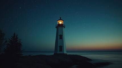 Serene lighthouse illuminating the night sky, surrounded by calm waters and distant stars